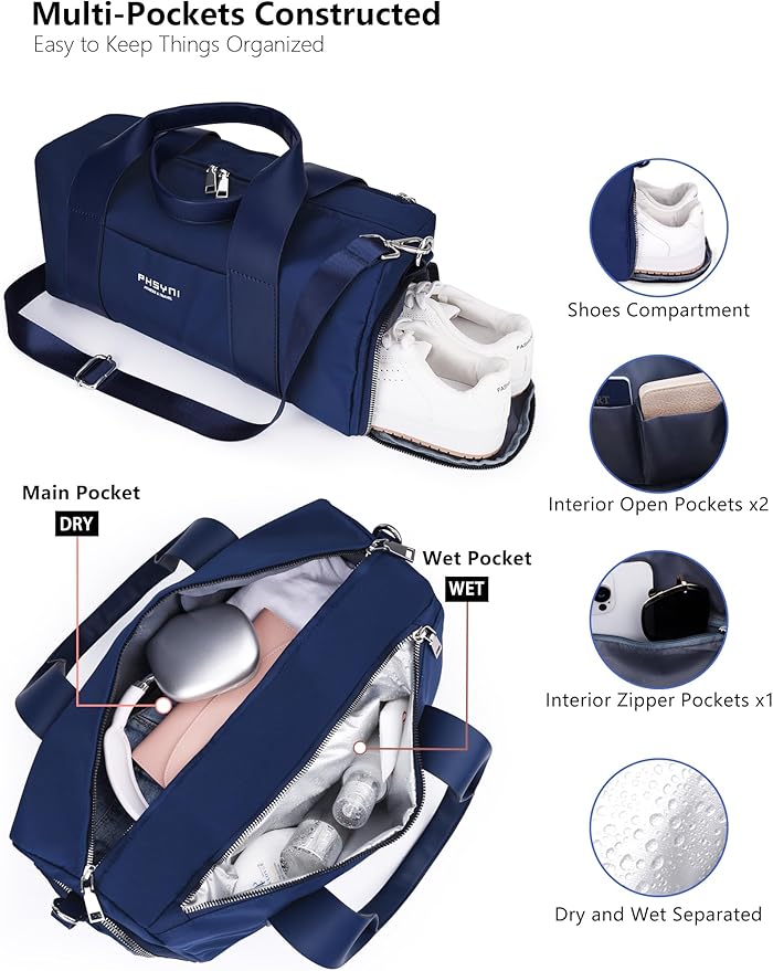 Compact Sports Gym Bag for Women and Man, Cute Mini Duffle Bag with Wet Pocket & Shoes Compartment, Personal Item Travel Workout Bag, 16"-Small, Navy