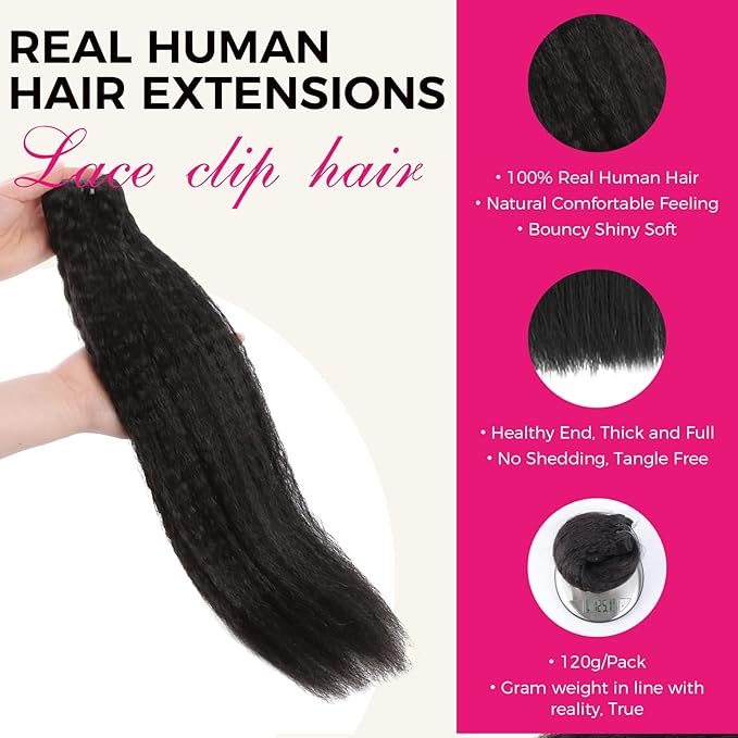 Lashey Kinky Straight Clip in Hair Extensions for Black Women, 20 Inch 7pcs 120g Natural Black Remy Human Hair Extensions Thick Hair with Lace Weft Clip Ins