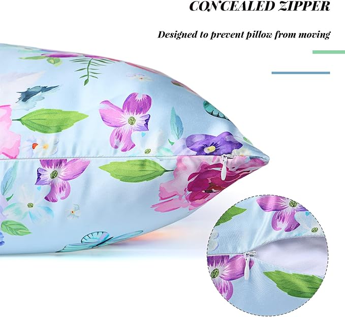 2 Pack Satin Pillowcase with Latent Zipper, Adjustable Satin Eye Mask for Sleeping and Satin Volume Scrunchie for Hair and Skin, Standard Size (Light Blue,Flower Style)