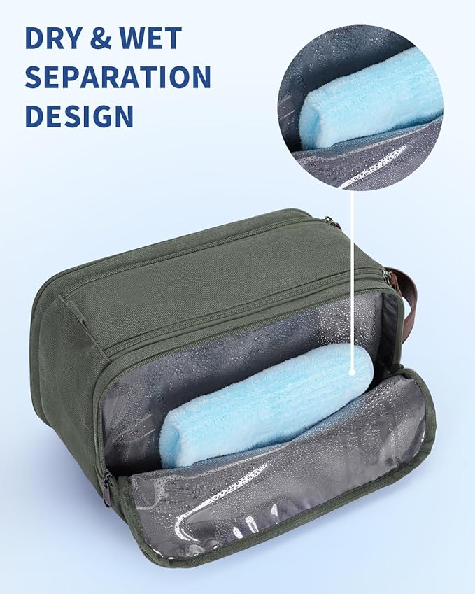 WANDF Toiletry Bag for Men Travel Toiletry Organizer Canvas and Leather Dopp Kit Water-Resistant Shaving Bag for Travel Accessories (Green, Large)
