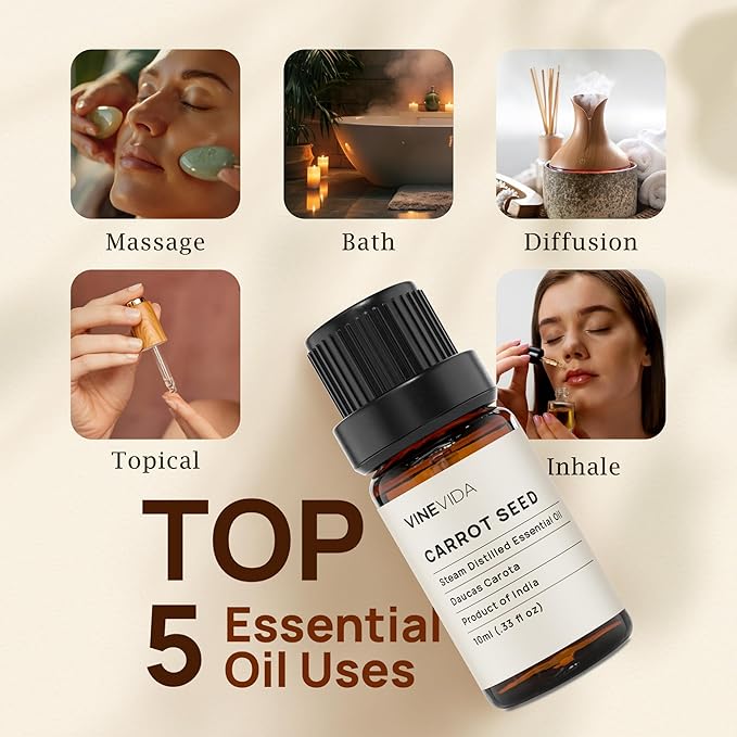 VINEVIDA Carrot Seed Essential Oil 10 mL - Undiluted for Candlemaking and Soap Making - DIY Candle Scents Safe for Skin