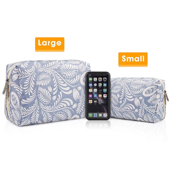 Narwey Cute Makeup Bag Travel Cosmetic Bag Organizer Toiletry Bag Make Up Bags with Compartments for Women Girls (Large, Blue Leaf)
