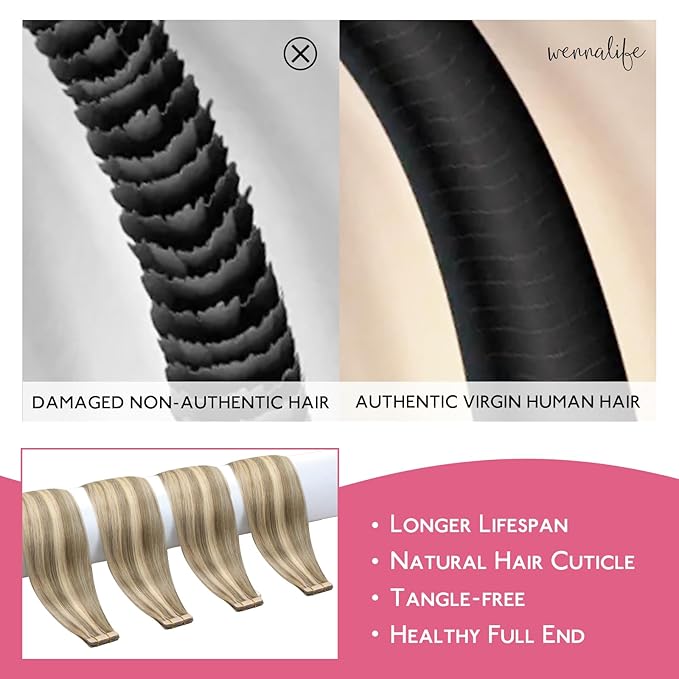 WENNALIFE Tape in Hair Extensions Human Hair Ash Brown with Platinum Blonde Highlights Tape in Extensions, 10pcs 30g 22 inch Remy Invisible Tape Ins Straight Colored Soft Refill Set