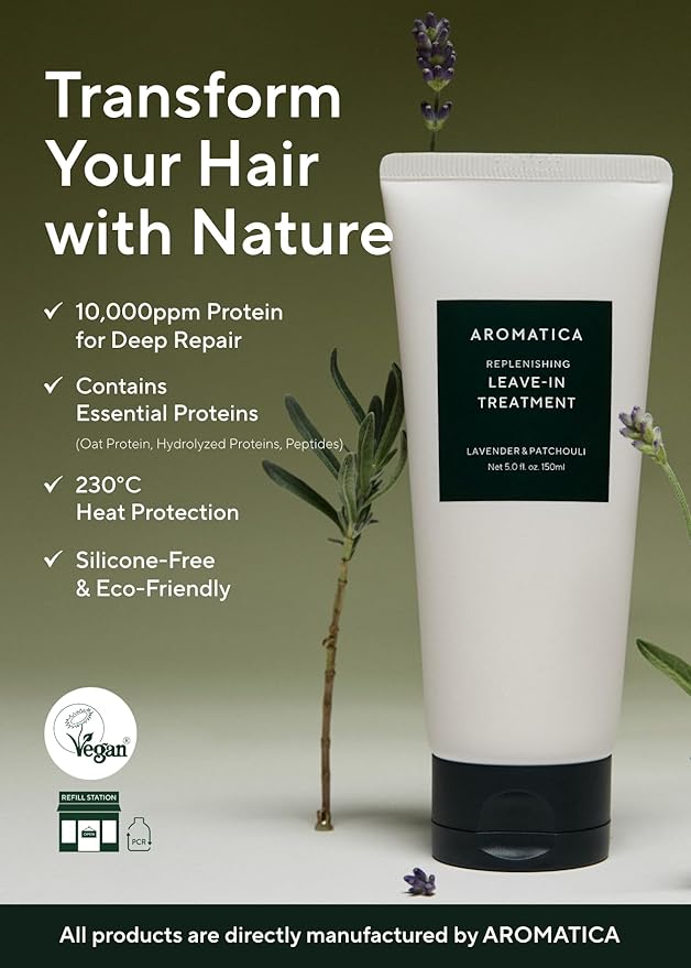 AROMATICA Replenishing Leave-in Conditioner Lavender & Patchouli, Perfect for Blow Out & Heat Protectant & Damaged hair for curly hair products - Silicone-Free, No-Wash Hair Treatment (5.0fl oz)