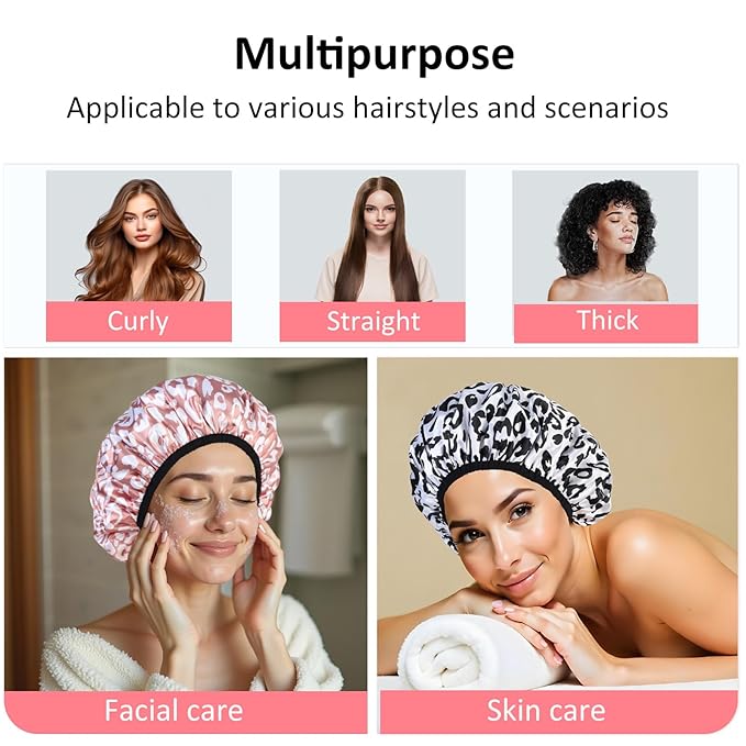 2-Pack Reusable Waterproof Shower Caps for Women, Double-Layer Elastic Bath hat,Extra Large Hair Cap for Long Curly Hair（White, Pink）