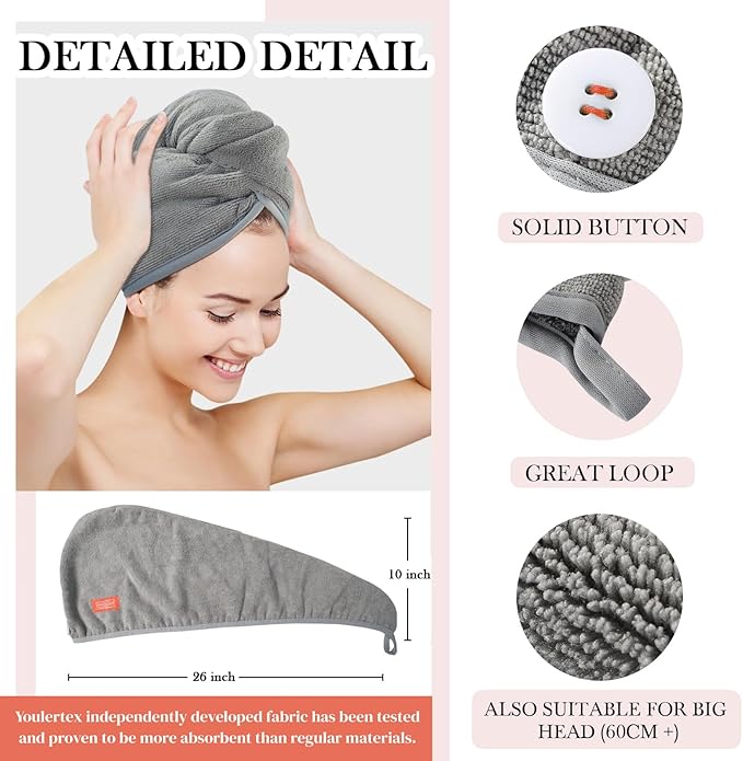 YoulerTex Microfiber Hair Towel Hair Wrap: 2 Pack 10X26 Hair Dryer Towels for Women Absorbent Turban Twist Hair Drying Shower Cap Curly Hair Products for Hair Care Hair Accessories (08 2-Pcs Beige)