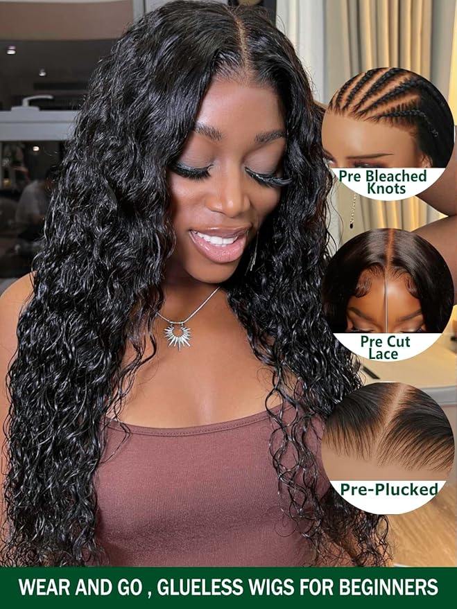 KLAIYI Water Wave HD Real Scalp Glueless Precut 13x4 Lace Front Human Hair Wig Drawstring Bye Bye Knots Pre Plucked Bleached Pre Everything 30S Ready to Wear and Go Deep Curly Wave Beginner Wig 24Inch