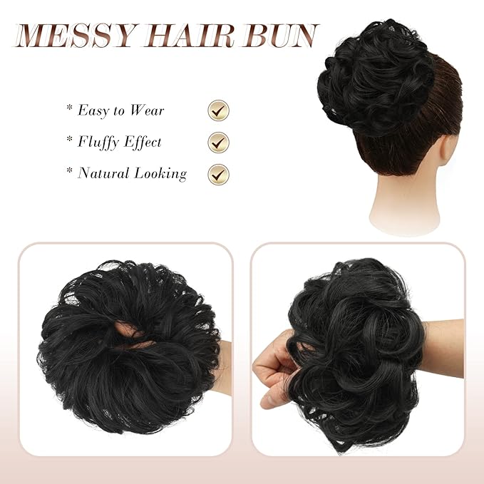 FESHFEN Messy Bun Hair Piece - Large Elastic Wavy Curly Hair Bun Scrunchies Ponytail Extensions Synthetic Chignon Hairpieces for Women, Natural Black 1.94oz