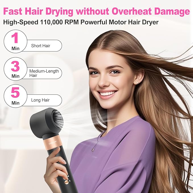 Air Styler Hair Dryer Brush - 110,000 RPM Flexible Hair Styler for Fast Drying/Rotating Curling/Volumizing/Straightening, Auto Wrap Curlers, High-Speed Oval Blow Brush Hair Dryer (Black-Brass)