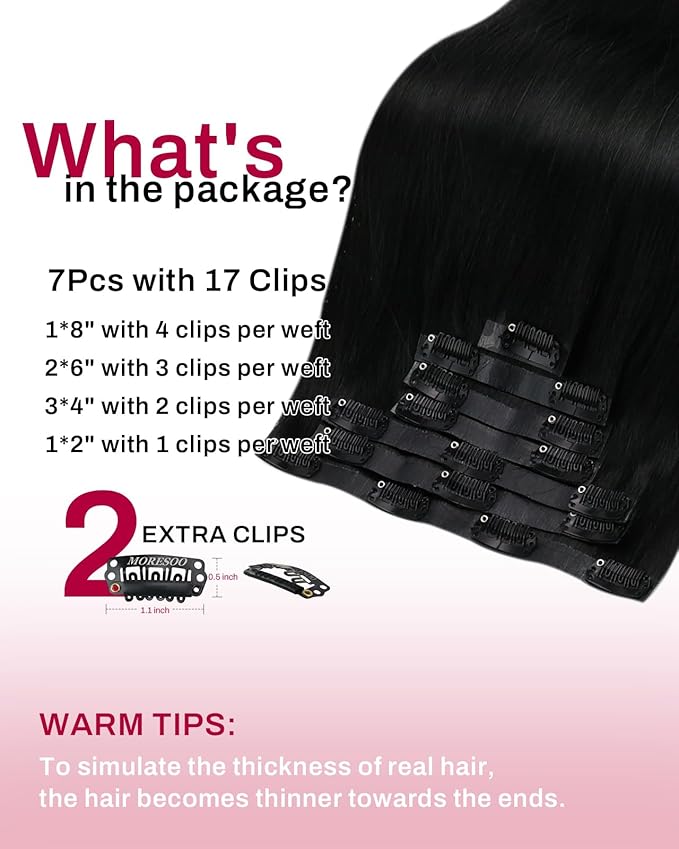 Moresoo Jet Black Seamless Clip in Hair Extensions Human Hair Jet Black Hair Extensions Clip ins Long Pu Weft Invisible for Women Straight And Thick 135g/7pcs 20 inch