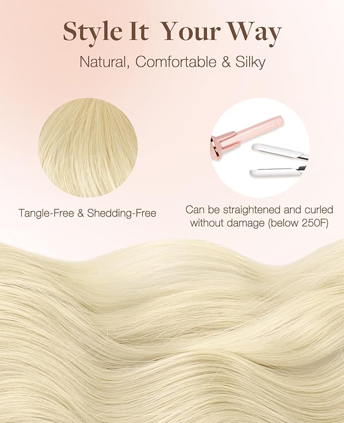 GOO GOO Invisi Edge Tape in Hair Extensions Human Hair, 613R Bleach Blonde 10pcs injected with 10pcs classical tape ins, 20inch 50g, Virgin Remy Hair, Natural Look