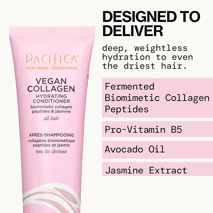 Pacifica Vegan Collagen Hydrating Shampoo & Conditioner Set – Moisturizing Hair Care for Dry Brittle Hair, Biotin & Avocado Oil for Strength & Shine, Thickening Clean Vegan Dermatologist Tested, 12 oz