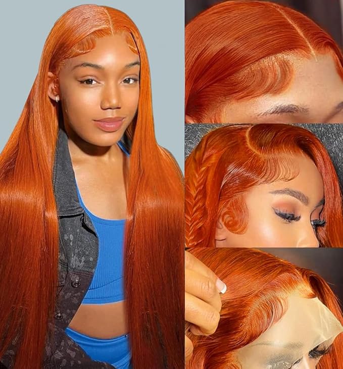 30inch 13X4 Ginger Wig Human Hair Straight Lace Front Wigs 180% Density HD Transparent Lace Frontal Glueless Pre Plucked with Baby Hair 350 Orange Colored Wig