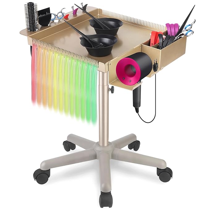 Hair Salon Carts, Champagne Gold Salon Tray for Hair Stylist, Multi-Function Salon Tray, Salon Station(with Wheels), Large Size and Robust,Corrosion-Resistant Adjustable Color Tray.