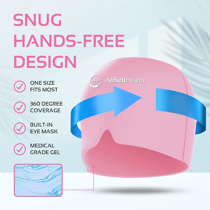 Migraine Relief Cap Ice Head Wrap Headache and Migraine Hat | Headache Relief with Hot/Cold Gel Head Ice Pack with Face and Eye Headache Mask Compress, Pink