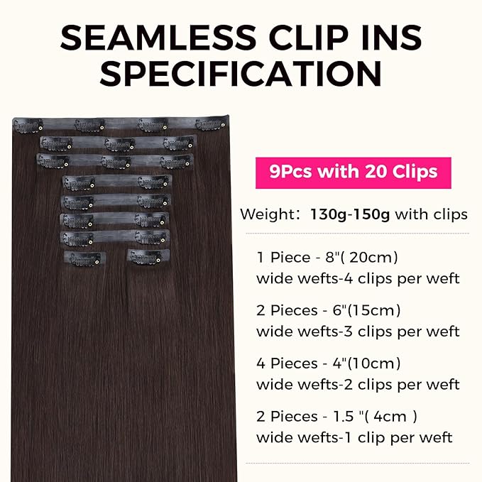 Lashey Seamless Clip in Hair Extensions Human Hair 150g 9pcs #2 Dark Brown Straight 24 Inch Human Hair Clip in Extensions for Women