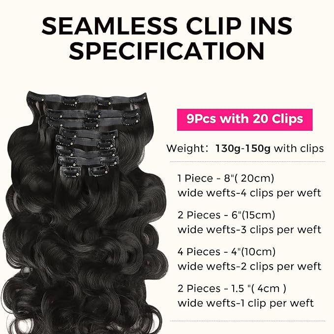Lashey Seamless Clip in Hair Extensions Human Hair 9pcs 130g Body Wave 16 Inch Natural Black Clip in Hair Extensions for Women