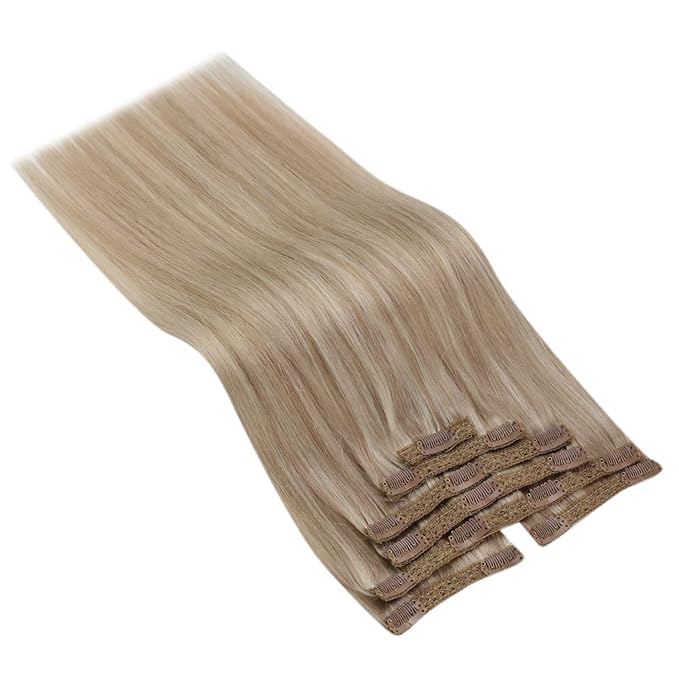 Ve Sunny Human Hair Clip in Extensions Full Head Remy Hair Extensions Blonde Highlight for Women Warm Color Clip in Hair Extensions Straight 120g 7pcs 16 inch