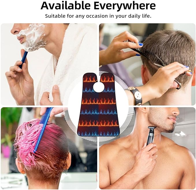 Stretchable Beard Cape, Non-Stick Hair Catcher for Trimming, Waterproof Grooming Apron, Red Blue Fire Flame