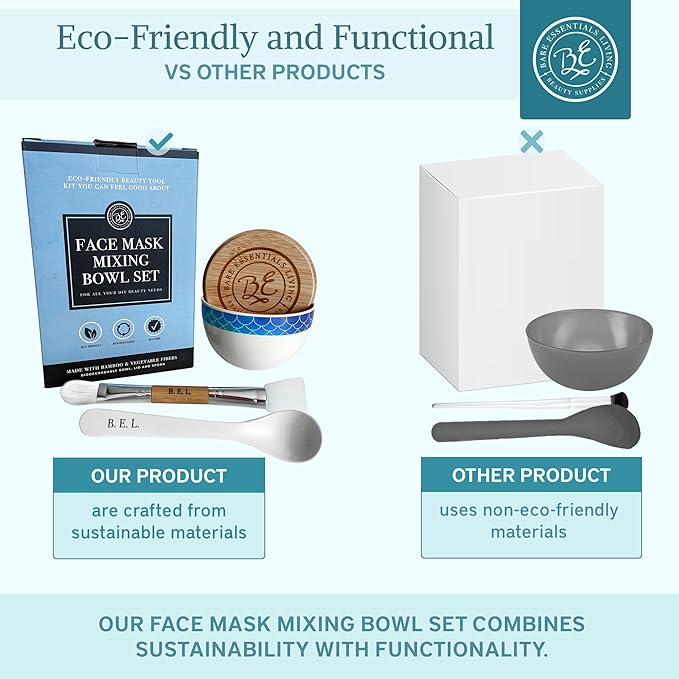Bare Essentials Living - Clay Face Mask Mixing Bowl Set, Skin Care Kit Facial Bowls with Bamboo Lid, Face Mask Spoon, & Dual Sided Face Mask Brush Applicator for DIY Facial & Hair Clay Mask (Mermaid)