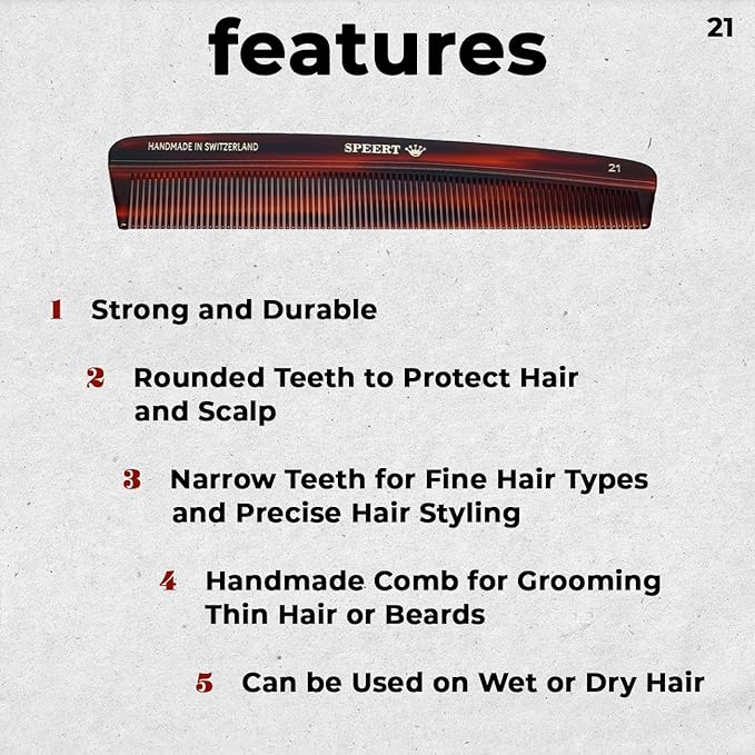 #21 Handmade Narrow Tooth Comb Tortoise Havana Acetate Fine Straight Thin Detangling Parting Grooming Teasing Hair Styling Hairdresser Barber Hairdressing Wet Dry Pocket Travel Women Men Kids