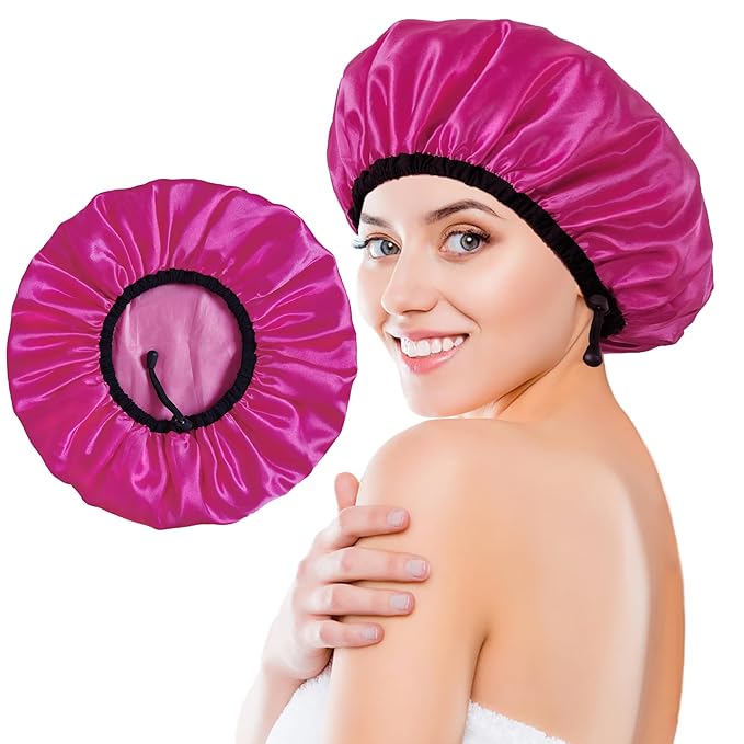 Shower Cap for Women, Large Shower Caps Reusable Waterproof with Elastic Band, Silky Satin Double-layer Bath Cap for Braids Long Hair