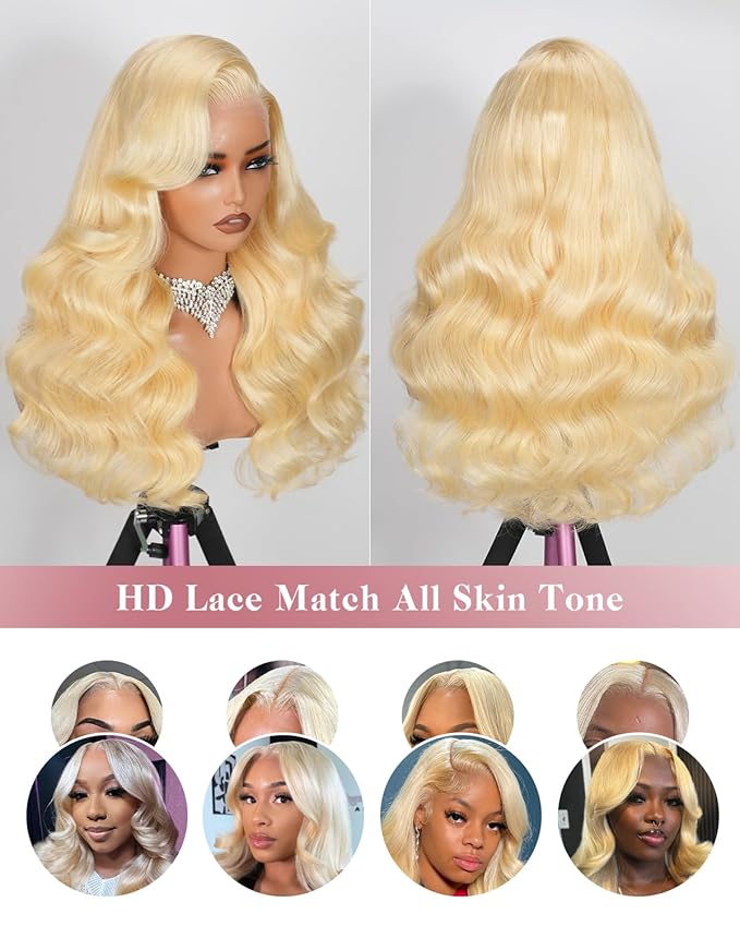 34 Inch 613 13x6 Lace Front Wig Human Hair 180 Density Blonde Wig Human Hair Body Wave 100% Real Human Hair True Length Random Dyeing No Shedding No Synthetics Triple Lifespan 3X