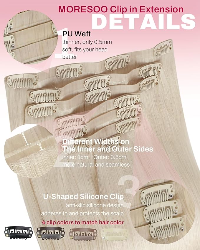 Moresoo Seamless PU Clip in Hair Extensions Real Human Hair 120g White blonde Human Hair Clip in Extensions Thick 18inch 7pcs to add volume for women daily use
