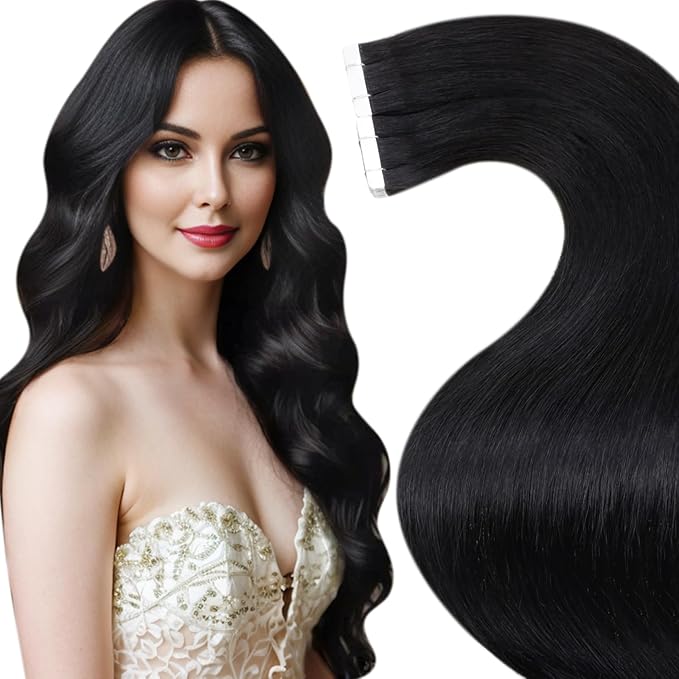 LaaVoo Tape in Hair Extensions Black Tape in Extensions Real Human Hair Invisible Tape ins Human Hair Extensions Soft Hair 12inch 50g 20pcs