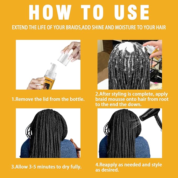 Braid Foam Control Braid Mousse for Braids Twist, Locs, No Flake Extra Hold High Shine Style and Moisturizes, Hair Braiding Mousse for Braids Lightweight Easy to Apply 8fl oz