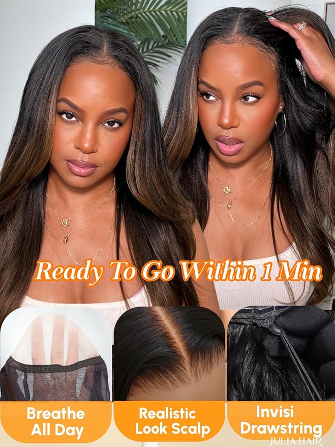 Julia Hair Chestnut Brown Ombre Yaki Straight 7x5 Pre Cut HD Lace Put On and Go Wig Bye Bye Knots Glueless Human Hair Wigs with Invisi Drawstring Pre Plucked Bleached Knots Beginner Friendly 22 Inch