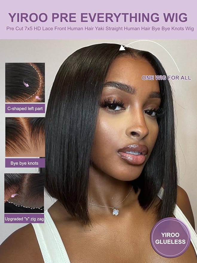 YIROO Yaki Straight Bob Human Hair Drawstring Wigs Pre Cut 7x5 HD Lace Front Wig Bye Bye Knots Glueless Yaki Short Bob Human Hair Wigs Pre Plucked Invisible Knots 150% Density Ready to Go 12Inch