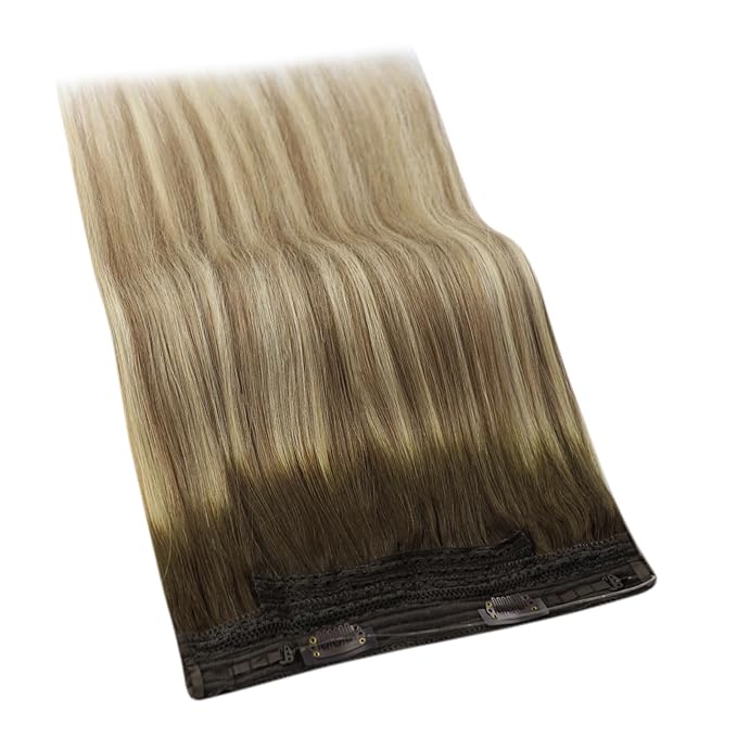 YoungSee 130G Invisible Wire Hair Extensions for Women Brown Blonde Human Hair Wire Extensions Balayage One Piece Hair Extensions Real Human Hair Walnut Brown with Blonde Soft Hair 20 Inch