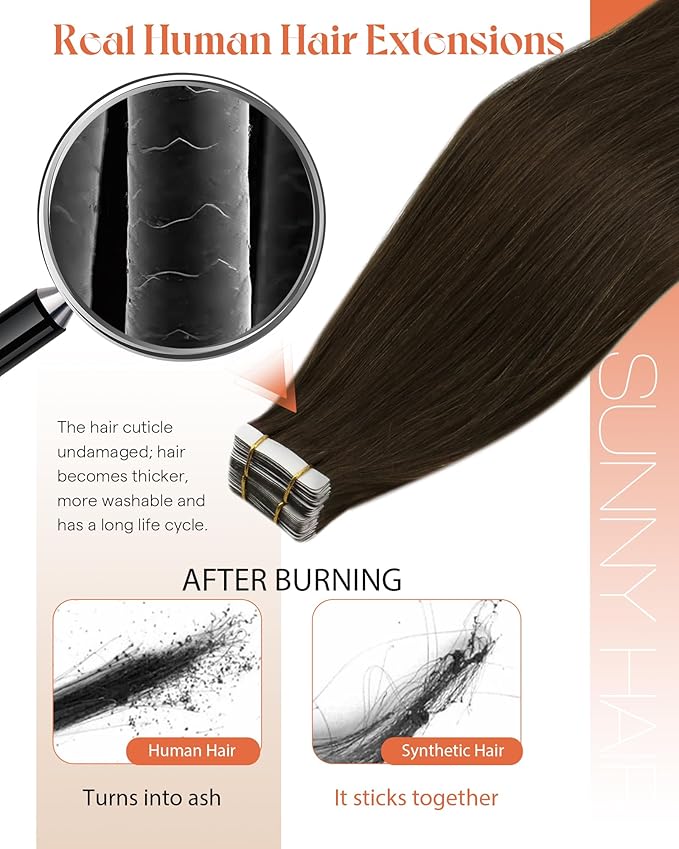 Sunny Hair Brown Tape in Hair Extensions Human Hair 18 inch Remy Hair Extensions Tape in Thick End Tape ins Human Hair Extensions 40Pcs 100g
