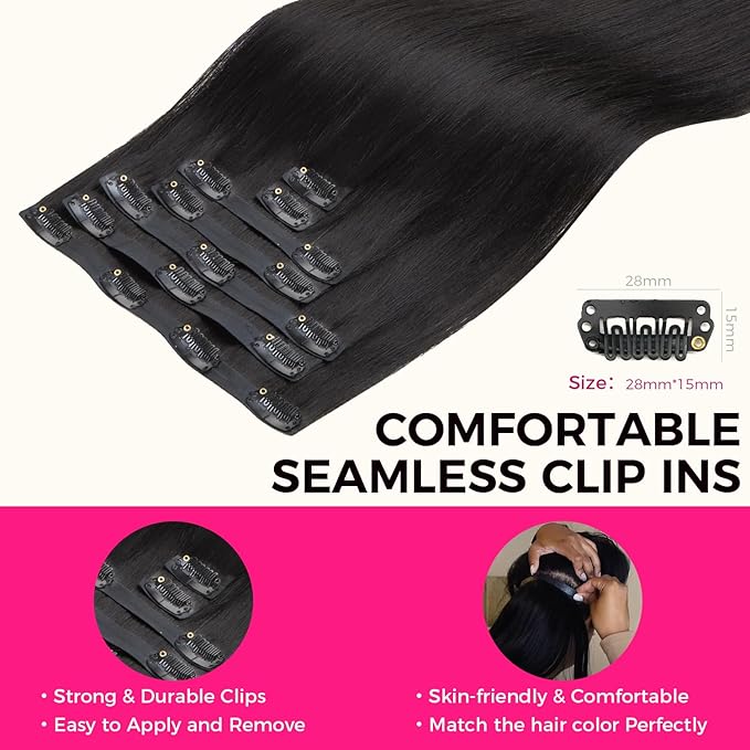 Lashey Yaki Straight Clip Ins 16 Inch 110g 7Pcs Seamless Hair Extensions Real Human hair, Natural Black Clip in Hair Extension for Women Real hair