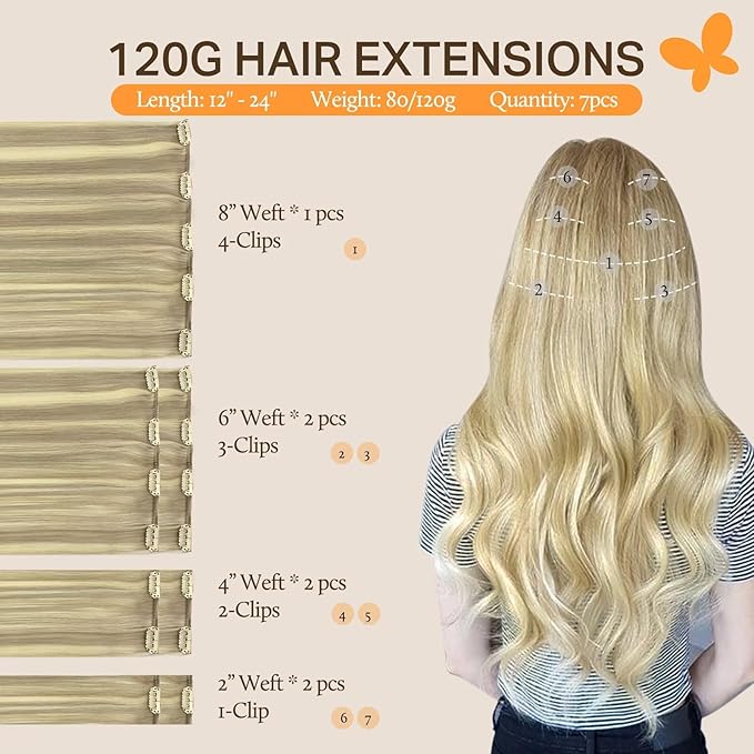 DOORES Clip in Hair Extensions Balayage Light Blonde Highlighted Golden Blonde Remy Human Hair Extensions Clip in Straight Thick 16 Inch 120g 7pcs Real Natural Hair Extensions