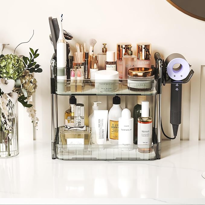 Bathroom Countertop Organizer,Makeup Counter Organizer With Hair Dryer Holder,Compatible with Dyson Blow Dryer,Electric Toothbrush And Toothpaste Holder,2-Tier Detachable Design,Gem Green