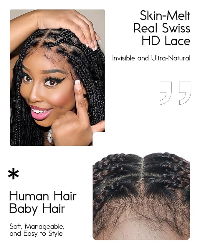 Human Hair Boho Curls Hand-Tied HD Full Lace Wig - 24" Salon-Level Small Box Synthetic Braids (80 Braids, Medium Density) Pre-Cut Swiss HD Lace, Pre-Plucked, Knotless, Tangle-Free - Black 1B