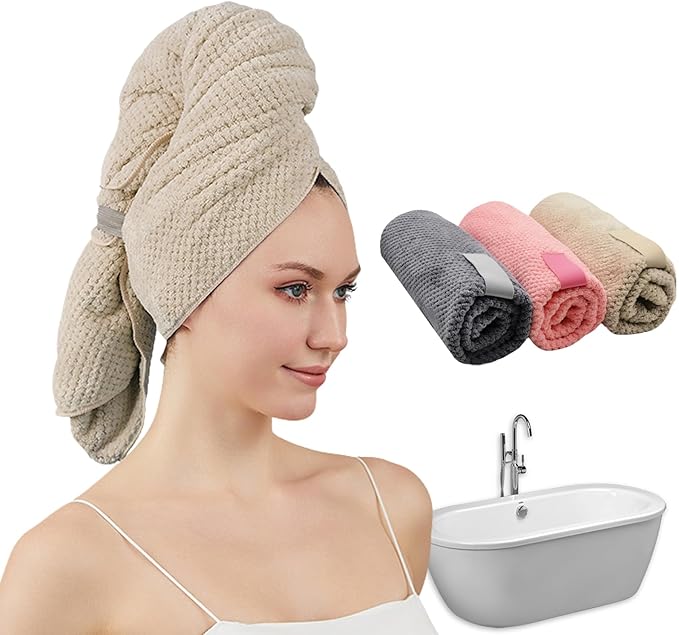 Women Microfiber Hair Towel Wrap with Elastic Strap,Super Absorbent Anti Frizz Drying Turban for Curly, Long,Wet Hair- Beige