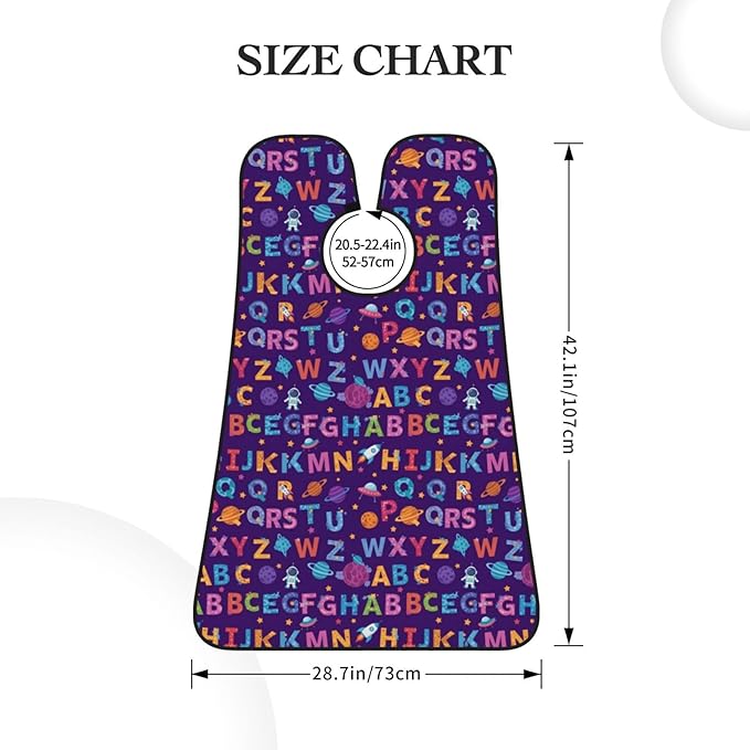 No-Slip Shaving Bib, Beard Grooming Apron with Strong Suction Cups, Cartoon UFO Astronaut Rockets Purple Galaxy Stars Nebula Letters Space Alphabet