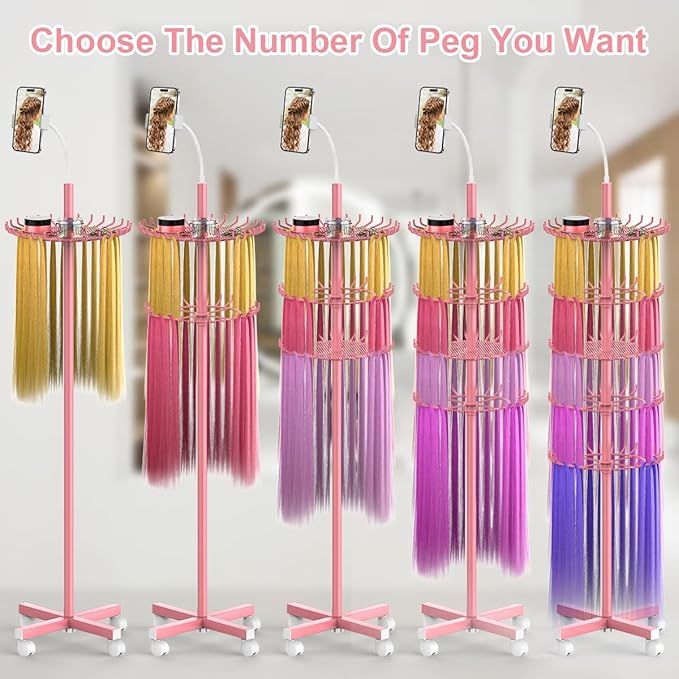 Braiding Hair Rack Standing Hair Extension Holder - 140 Pegs Braiding Hair Rack & Divider Stand with Phone Holder for Displaying and Separating Hair (Pink)