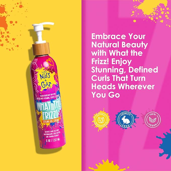 Niles and Chaz What the Frizz! Styling Gel Cream - Kids Curl Cream, Frizz Control, Hydrated & Defined Curls - Paraben, Sulfate, Silicone Free - Curly, Coily, Wavy Hair Products for Kids (8 fl Oz)