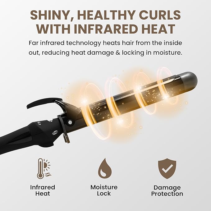 Infrared Curling Iron 1.5” Ceramic Tourmaline Long Barrel – Digital Professional Hair Curler with Ion Technology for Big Curls, Beach Waves, Thick Hair – Fast Heat, Clamp, Dual Voltage