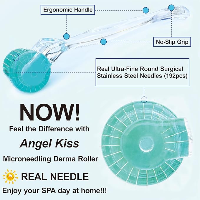 Derma Roller Real Needles - Angel Kiss 0.25mm Microneedling Roller with Case - 192 Stainless Steel Micro Needling Dermal Kit for Face, Scalp, Body - At Home Microdermabrasion Roller for Women Men