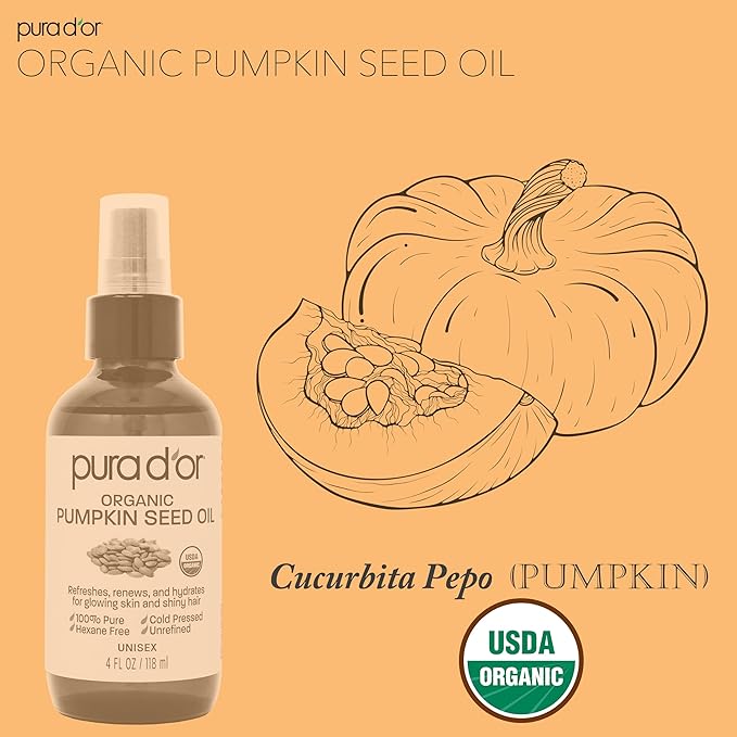 PURA D'OR 4 Oz Organic Pumpkin Seed Oil - 100% Pure USDA Certified Premium Grade Body Oil & Hair Growth Serum - After Shower Body Oil For Women & Men - Cold Pressed, Unrefined, Hexane-Free Skin Oil