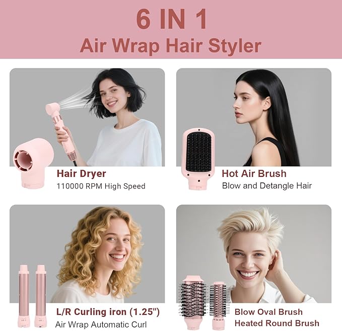 6-in-1 Multi Hair Styler | Air Styling & Drying System | Powerful Hair Dryer Brush | No Heat Damage | Auto-Wrap Curlers, Oval Brush, Round Brush, Comb & Storage Bag