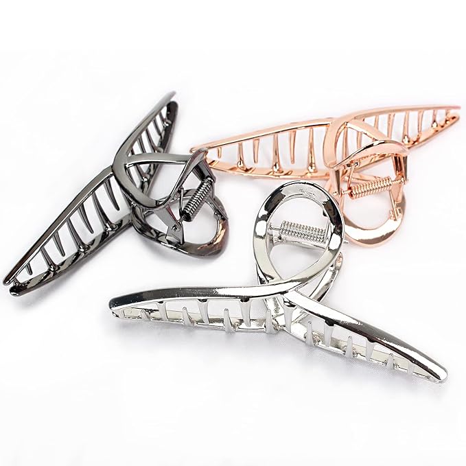 FAELBATY Hair Clip Claws Set of 3 (Glossy Silver, Dark Grey, Rose Gold) - Glossy Metal Hair Clips, Large Hair Accessories for Women and Girls, Strong Hold Barrette, 3 Pcs