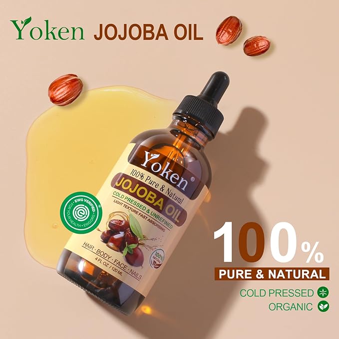 Jojoba Oil 4 fl oz EWG Verified 100% Pure Jojoba Oil Cold Pressed for Skin, Hair, Nails, Cuticles - Unrefined & Hexane Free, Natural Moisturizer Carrier oils Facial Serum for Gua Sha