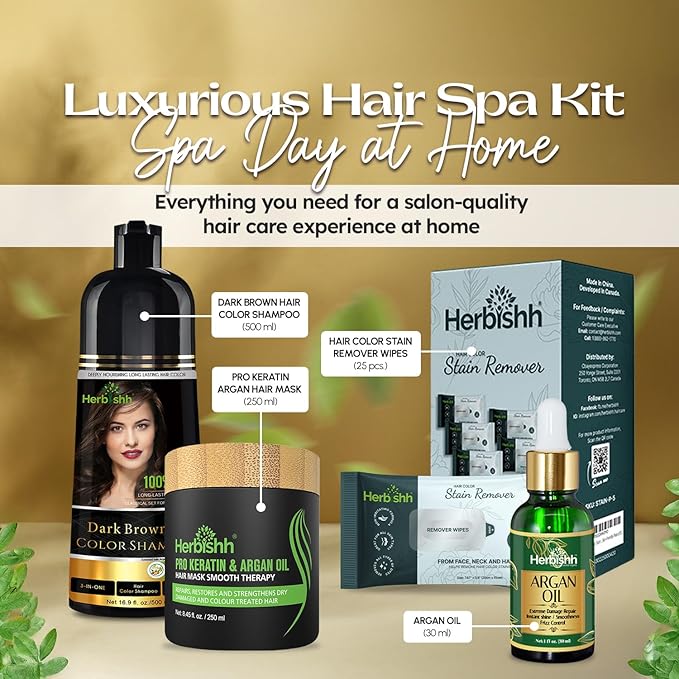 Herbishh Hair Color Shampoo for Gray Hair – Natural Hair Dye Shampoo – Lasts Up To 3-4 Weeks – 500ML – 3-In-1 Hair Color – Colors, Cleanses, and Conditions (Dark Brown Gift Set)