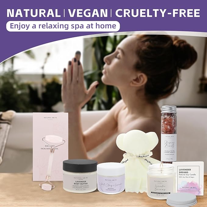 Natural Amor Lavender Spa Gift Set – 6 pcs Handmade Self-Care Kit with Body Butter, Bath Salt, Clay Mask, Candle, Jade Roller & Bear Headband – Relaxation Gift for Women